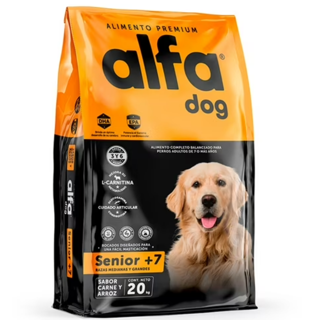 Alimento Alfa Dog Premium Perro Senior 20kg - Cuidado Articular y Digestivo | Fórmula Especializada con Glucosamina y Condroitina Alimento Alfa Dog Premium Perro Senior 20kg - Cuidado Articular y Digestivo | Fórmula Especializada con Glucosamina y Condroitina