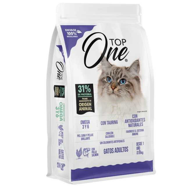 Alimento Top One 9kg Gatos Pollo/Salmón 31% | Antioxidantes | Omega 3 | Sin Colorantes Artificiales Alimento Top One 9kg Gatos Pollo/Salmón 31% | Antioxidantes | Omega 3 | Sin Colorantes Artificiales