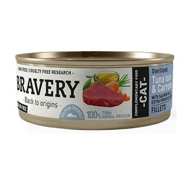 Lata Bravery Alimento Humedo Natural Para Gato Adulto Esterilizado Receta Atun Y Zanahoria 70 G