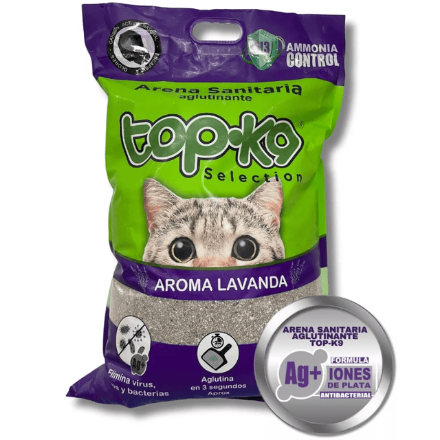 Arena Aglutinante Topk9 Iones De Plata Carbon Activado Lavanda 10Kg  Arena Aglutinante Topk9 Iones De Plata Carbon Activado Lavanda 10Kg