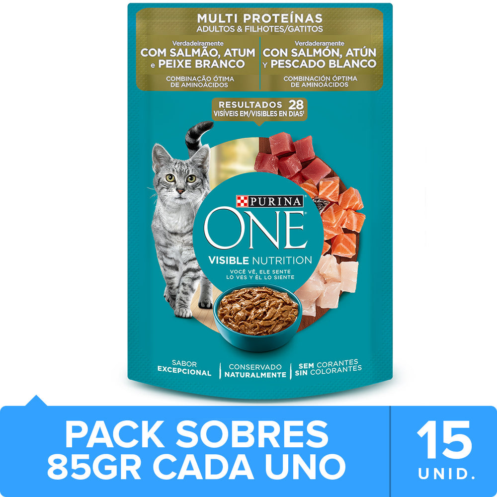 Purina One Pouch Gatos Adultos Y Gatitos Sabor Salmon Atun Y Pescado 85Gr Pack 15 Unidades