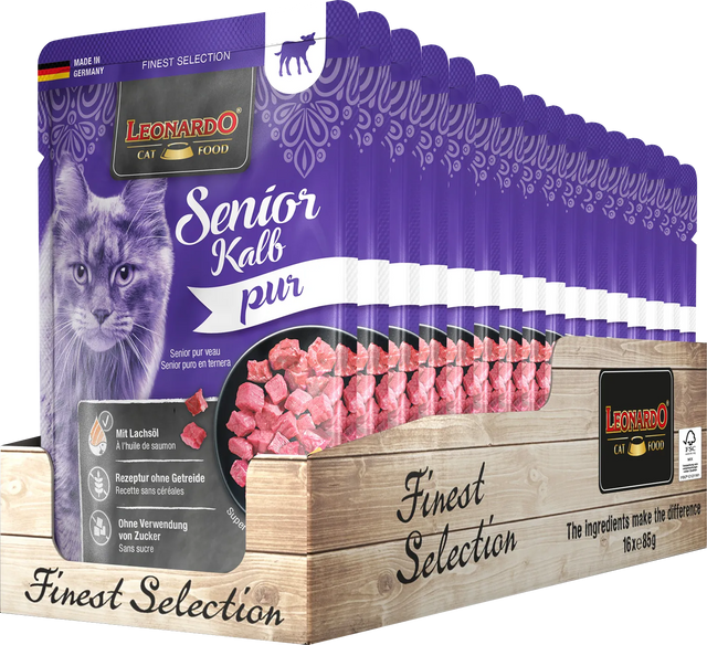 Leonardo Senior Puro Ternera 85 g | Alimento Húmedo Monoproteico para Gatos Senior Sin Cereales | Pack 16 unidades Leonardo Senior Puro Ternera 85 g | Alimento Húmedo Monoproteico para Gatos Senior Sin Cereales | Pack 16 unidades