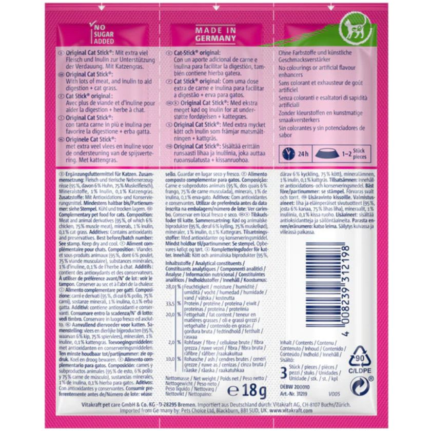 Vitakraft Cat Stick Classic Pollo Y Hierba Gatera 18Gr