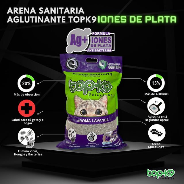 Arena Aglutinante Topk9 Iones De Plata Carbon Activado Lavanda 10Kg  Arena Aglutinante Topk9 Iones De Plata Carbon Activado Lavanda 10Kg