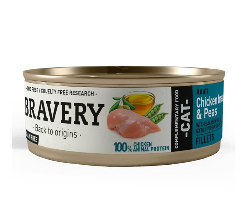 Lata Bravery Alimento Humedo Para Gato Adulto Pechuga De Pollo Y Arvejas 70Gr X12 Un
