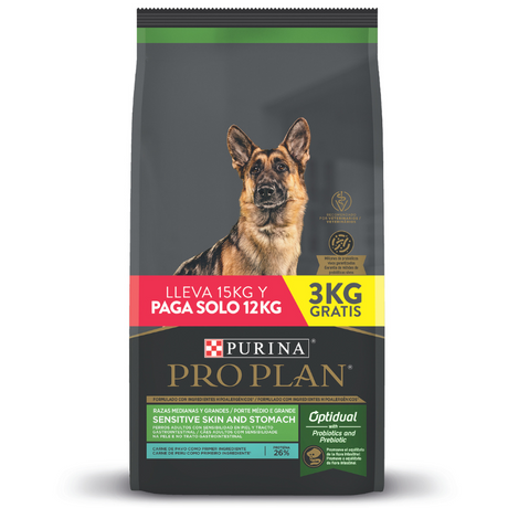 Pro Plan Para Perros Sensitive Skin and Stomach Pavo Razas Medianas y Grandes 12 kg + 3 kg