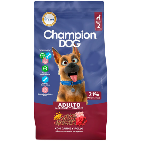 Alimento Champion Dog Perro Adulto Raza Mediana y Grande 18kg | 21% Proteínas Con Carne y Pollo | Piel Pelaje Brillante | Huesos y Dientes Sanos