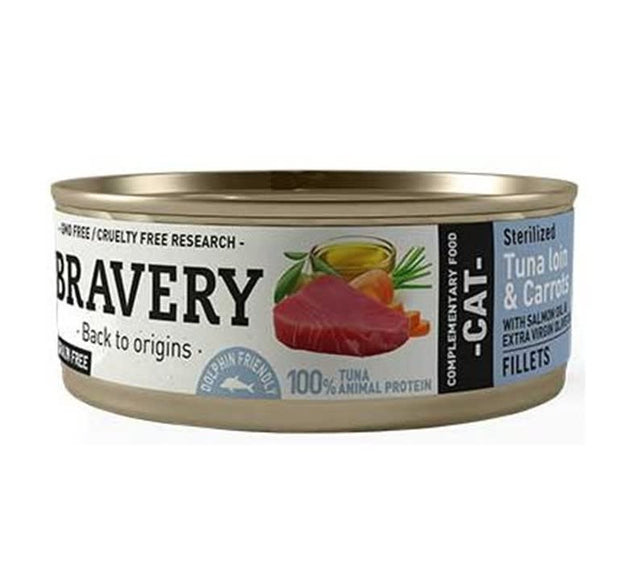  Lata Bravery Alimento Humedo Natural Para Gato Adulto Esterilizado Receta Atun Y Zanahoria 70 G