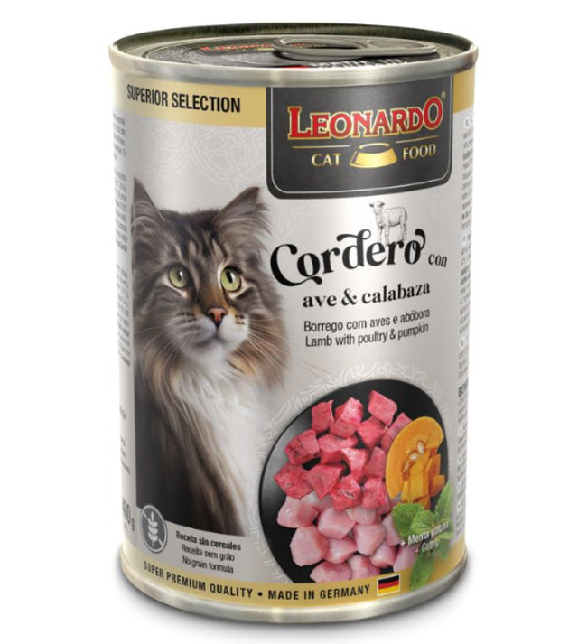  Lata LEONARDO Superior Selection Cordero, Ave y Calabaza 400g | Alimento Húmedo Premium para Gatos Adultos