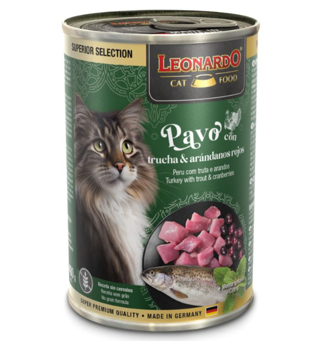  Lata LEONARDO Superior Selection Pavo, Trucha y Arándanos Rojos 400g | Alimento Húmedo Premium para Gatos Adultos