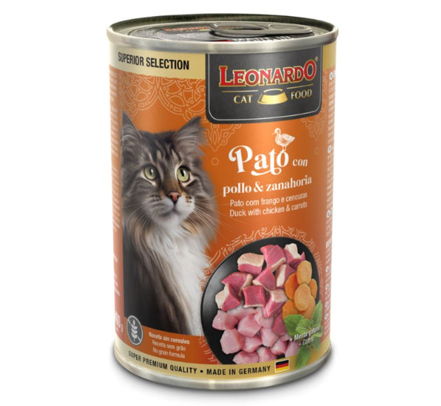  Lata LEONARDO Superior Selection Pato, Pollo y Zanahoria 400g | Alimento Húmedo Premium para Gatos Adultos
