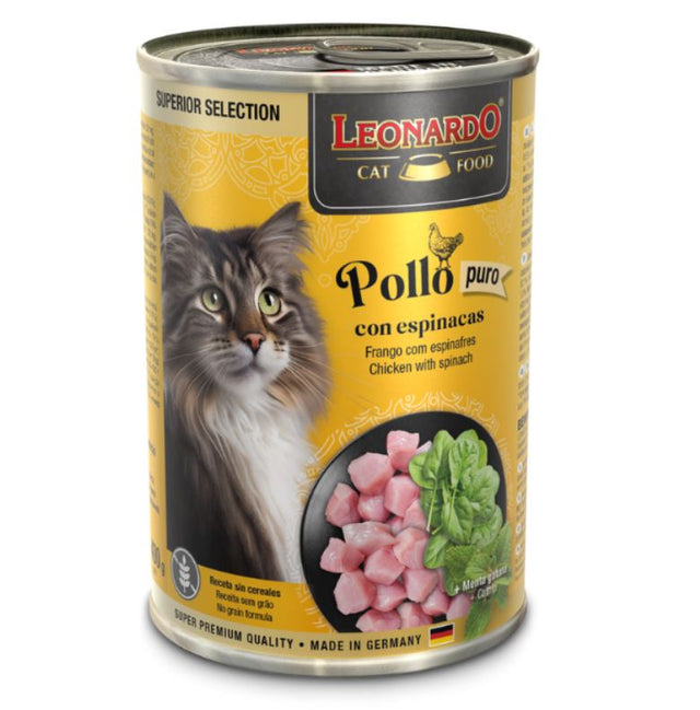  Lata LEONARDO Superior Selection Pollo y Espinaca 400g | Alimento Húmedo Premium Monoproteico para Gatos Adultos