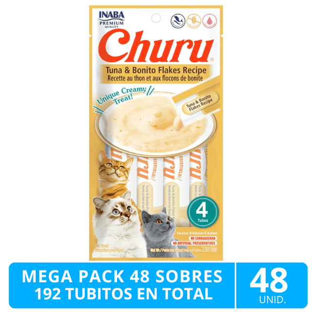 Mega Pack 48 Sobres Inaba Ciao Churu Atun Con Hojuelas De Bonito 192 Tubitos