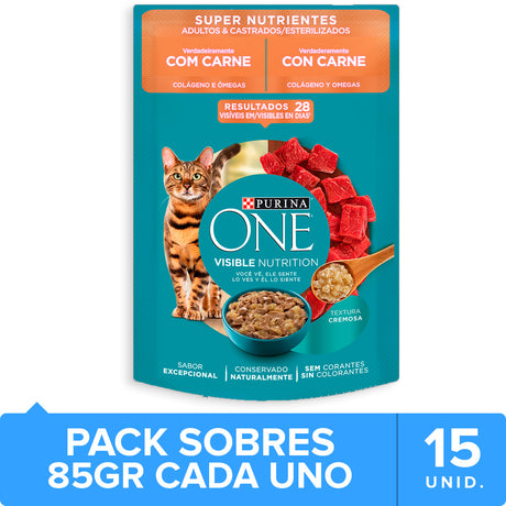 Purina One Pouch Gato Adulto Esterilizado Sabor Carne 85Gr Pack 15 Unidades