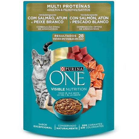 Purina One Pouch Gatos Adultos Y Gatitos Sabor Salmon Atun Y Pescado 85Gr