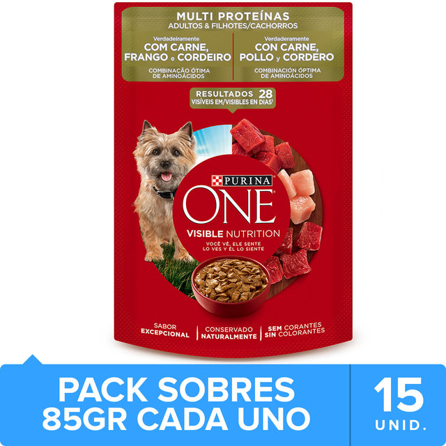 Purina One Pouch Perros Adultos Y Cachorros Sabor Carne Pollo Y Cordero 85Gr Pack 15 Unidades
