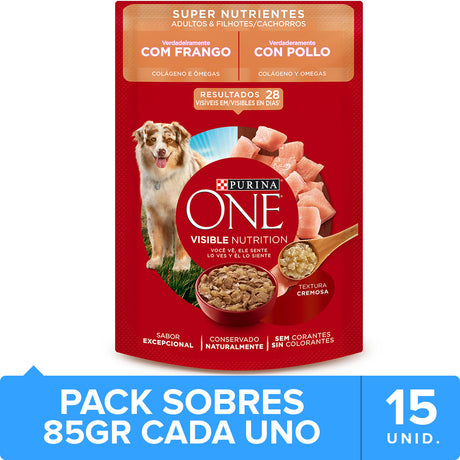 Purina One Pouch Perros Adultos Y Cachorros Sabor Pollo 85Gr Pack 15 Unidades