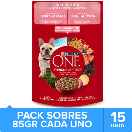 Purina One Pouch Perros Adultos Y Cachorros Sabor Salmon 85Gr Pack 15 Unidades